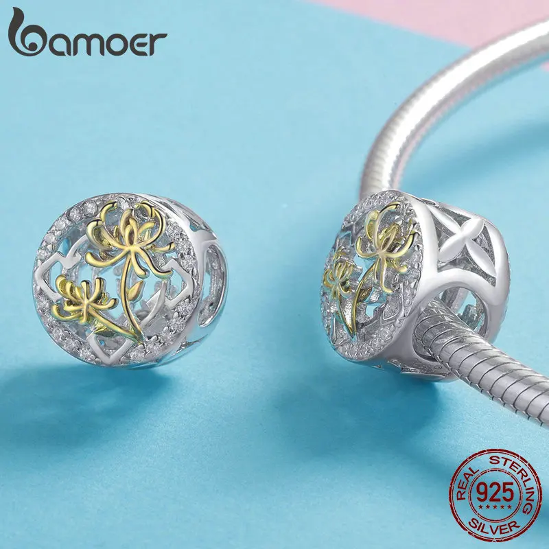 BAMOER, натуральная 925 пробы, серебряный, весенний цветок лотоса, круглые бусины, подходят для оригинальных женских браслетов, сделай сам, изготовление ювелирных изделий BSC045