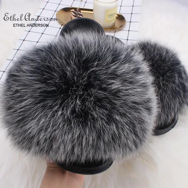 Frost Black Fur Ethel Anderson леди пушистые тапочки реального енота Мех животных направляющие Летние повседневные сланцы хорошее качество пляжные сандалии плюш - Цвет: Frost Black Fur
