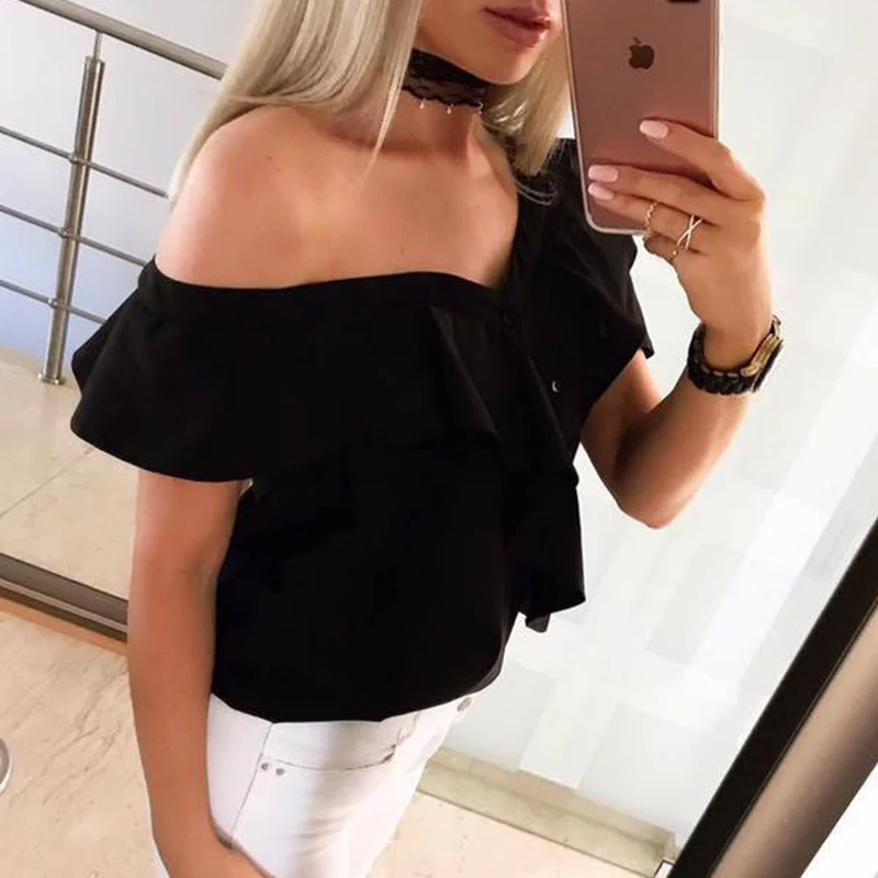 Женское модное на одно плечо топы пуговицах повседневные с коротким рукавом и