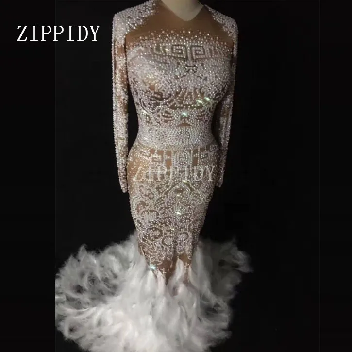 

Sparkly Rhinestones Feather Nude Dress Sexy Nightclub Full Stones Long Big Tail Dress Costume Prom Birthday Celebrate Dresses