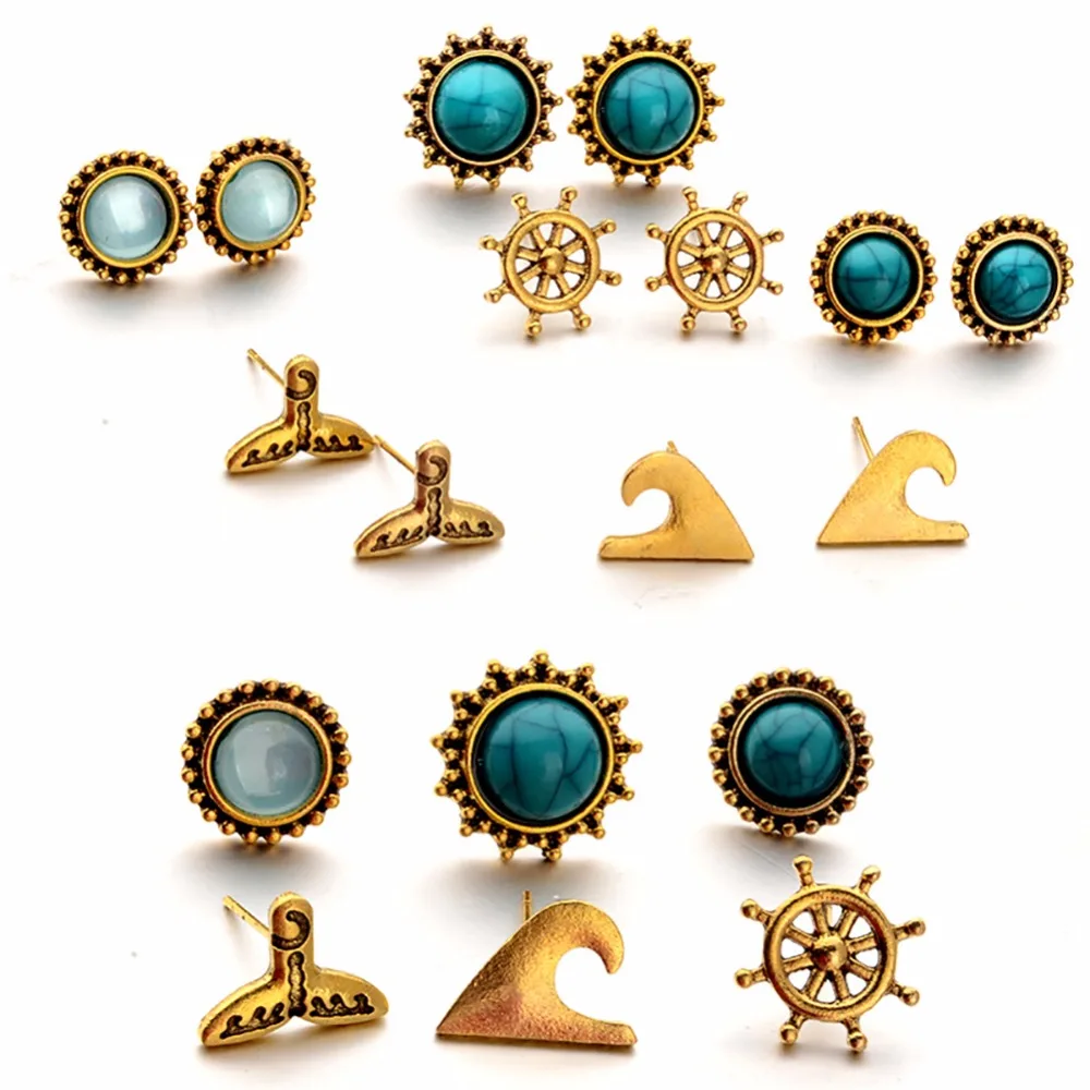 6 пар/компл. одеяло хвост русалки с принтом Якорь синие драгоценные камни серьги