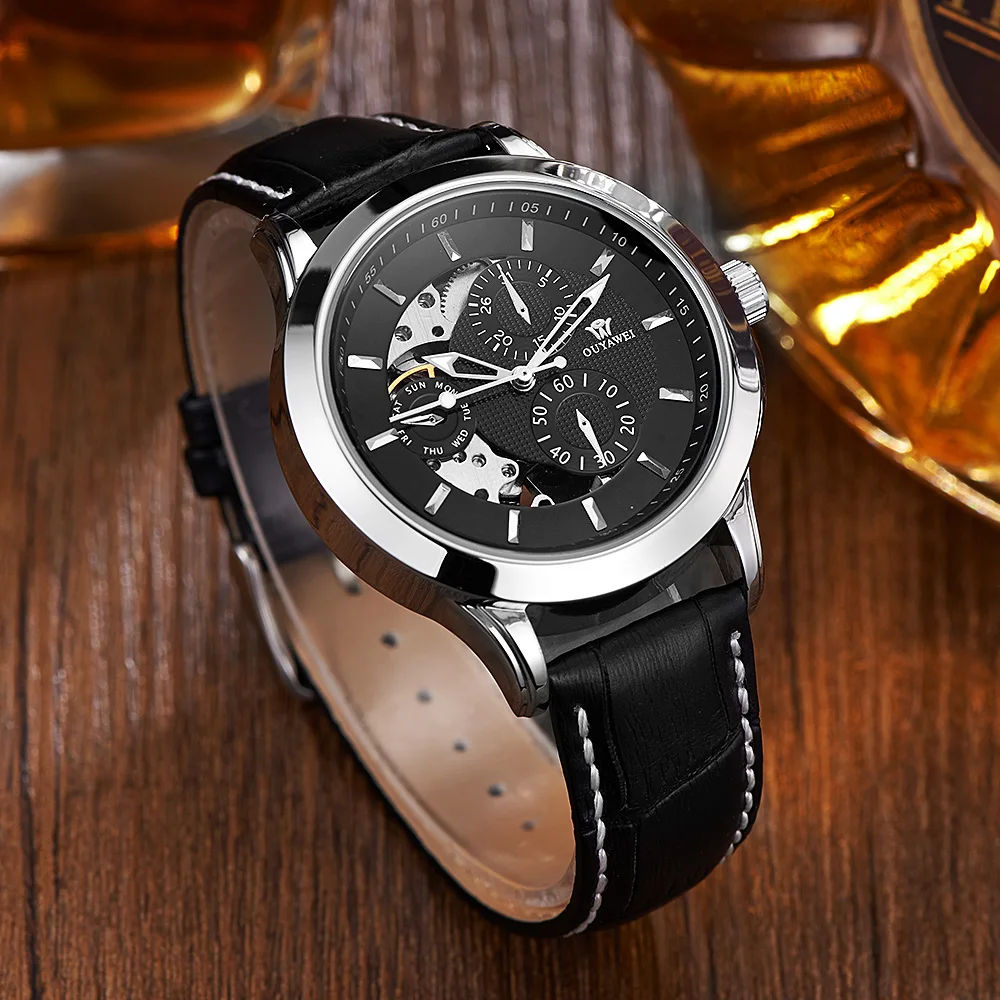 Часы наручные OUYAWEI Мужские автоматические Модные Аналоговые с кожаным