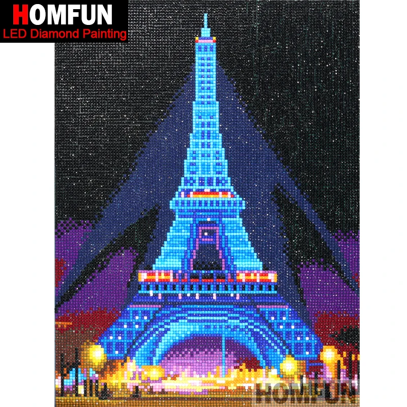 HOMFUN LED Light Full Round Drill 5D DIY Diamond Painting &quotEiffel Tower&quot 3D Embroidery Cross Stitch Decor Gift 30x40cm | Дом и сад