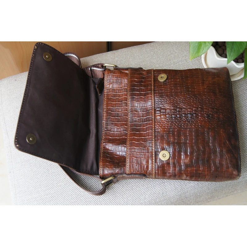 Мужской портфель из натуральной кожи с тиснением под крокодила|men shoulder bag|male