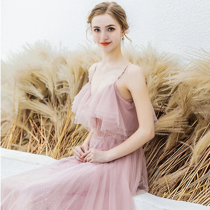 Long Prom Dresses A-line Fairy Formal Party Dress Spaghetti Straps Ruffles Neckline 2019 Bead Sash Tassel Vestidos De Gowns | Свадьбы и