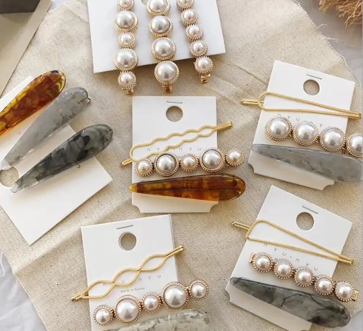 

New Fashion Marble hair clips combination Romantic temperament pearls bangs clips adult hairpin Hair Accessorie