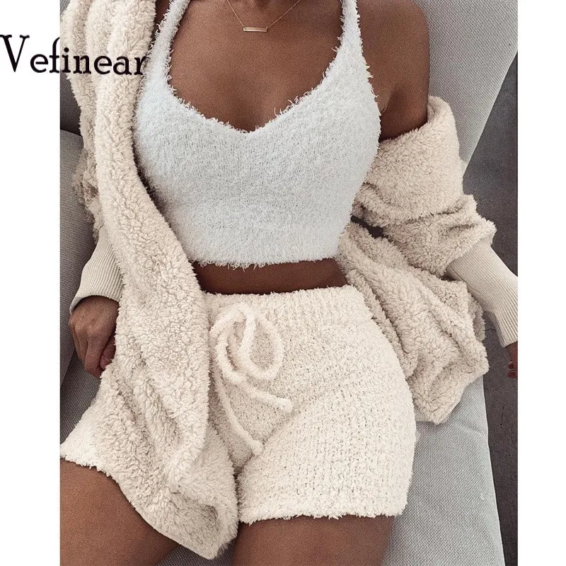 Vefinear, однотонный, зимний, осенний, модный, бархатный, воротник, женские костюмы, однотонный, комплект из трех предметов, длинный рукав, костюм, повседневный костюм, пальто+ шорты+ Топ