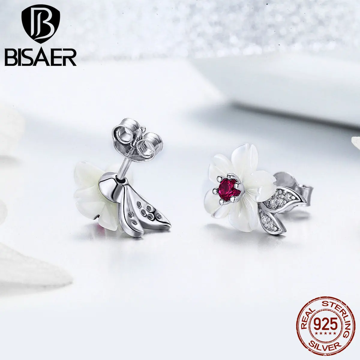 BISAER серьги-гвоздики из стерлингового серебра 925 пробы с цветущей ракушкой и