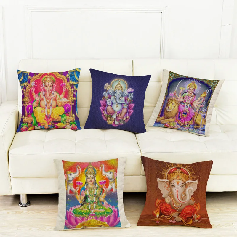 Диванные подушки Hanuman Shiva Genesha из хлопка и льна с принтом в индийском Таиланде 45x45
