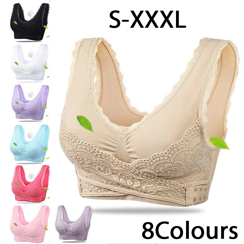 S-XXXL, женский спортивный бюстгальтер, Одноцветный, кружевной, собранный крест, удобный, с пряжкой спереди, много цветов на выбор