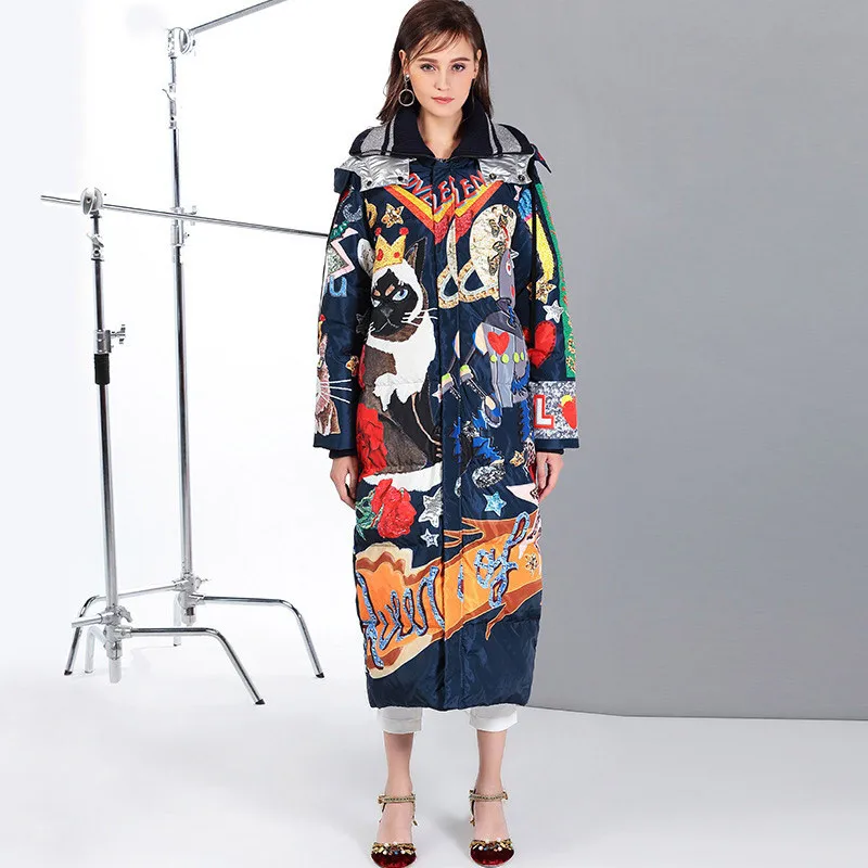 2019 New Women Winter Long Thick Duck Down Jacket Coat Femme Cartoon Cat Print Harajuku Feather Puffer Jacket Down Parka W58
