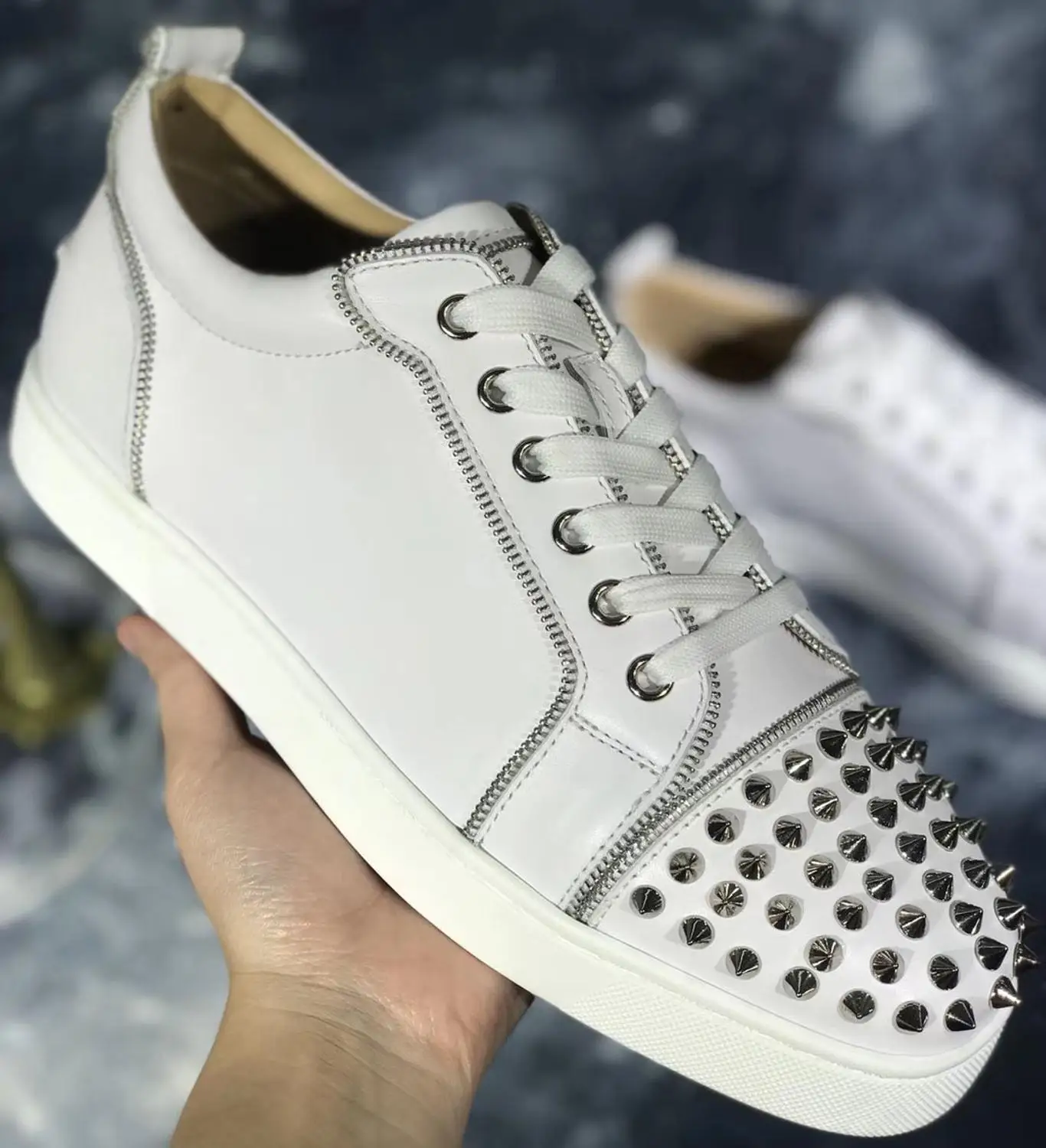 Модная обувь для отдыха с высоким берцем cl andgz, белая кожаная мужская обувь на молнии с заклепками и красной подошвой, повседневные кроссовки на плоской подошве - Цвет: Белый