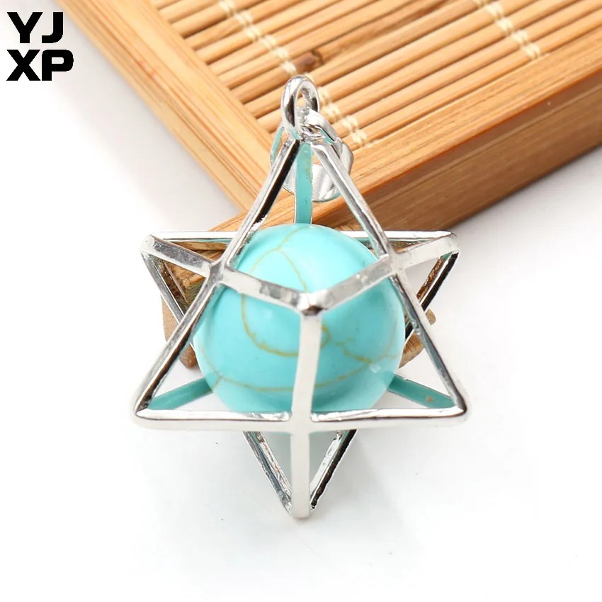 Green Turquoises 1 шт. Energy Merkaba кулон из натурального камня аметисты Розовый Кварц Круглые бусины рейки колье с целебным кулоном подвесные шармы Ювелирные украшения подарок - Окраска металла: Green Turquoises