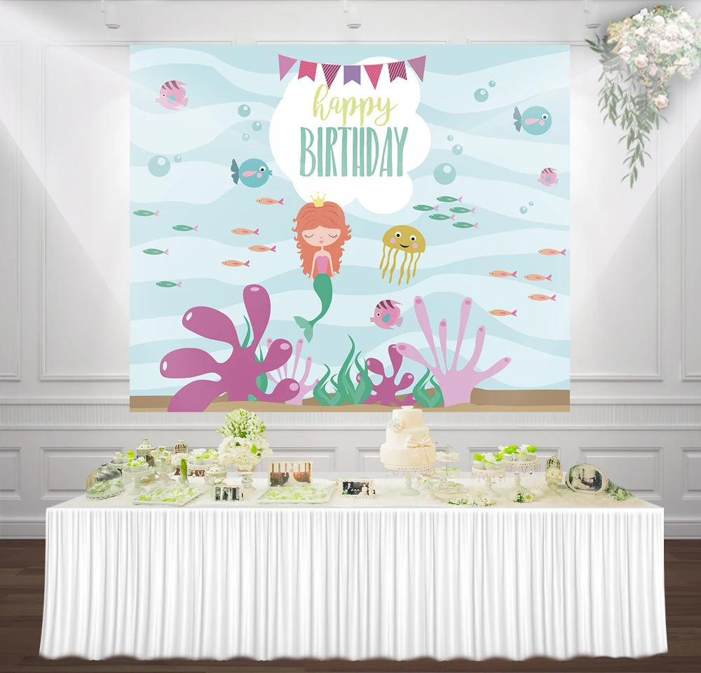 

Little Mermaid Birthday Party Girl Princess Backdrop Photo Photocall Background Cute Cartoon Turquoise Under The Sea Backdrops
