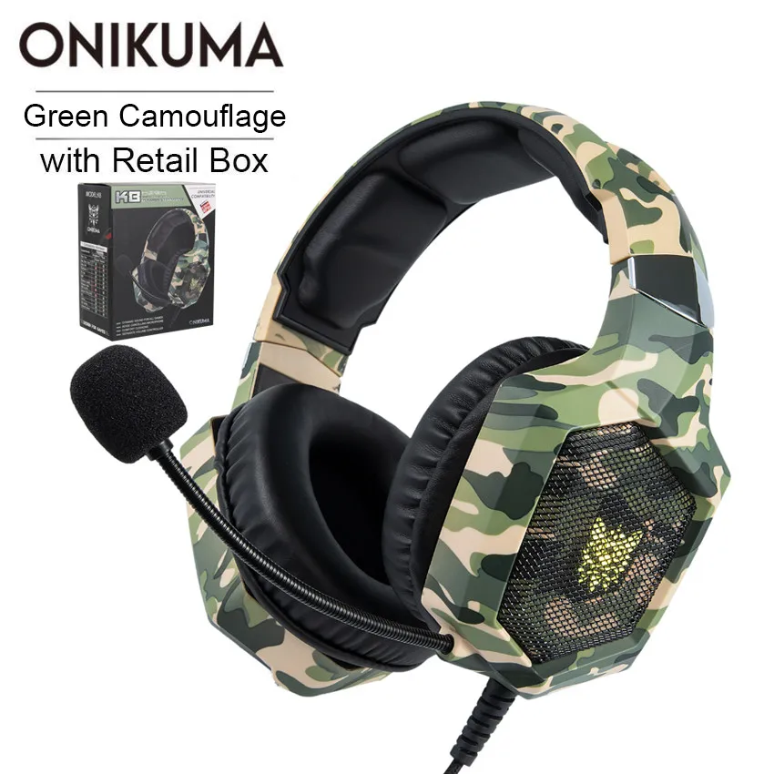 Green with RetailBox ONIKUMA K8 casque PS4 Gaming Headset PC Stereo Earphones Headphones with Microphone LED Lights for Laptop Tablet/New Xbox One - Цвет: Green with RetailBox