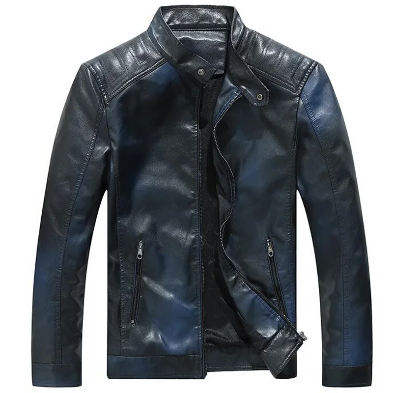 dark blue Куртка из искусственной кожи градиентного цвета для мужчин; Повседневная модная Готическая мотоциклетная байкерская куртка в стиле панк с воротником-стойкой; флисовые кожаные пальто jaqueta couro - Цвет: dark blue