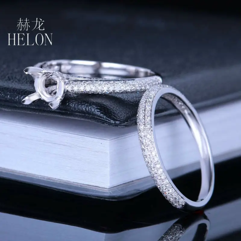 

HELON Round 6-7mm Semi Mount Ring Setting Engagement Wedding Natural Diamonds Ring Sets 14k White God Women Wedding Fine Jewelry