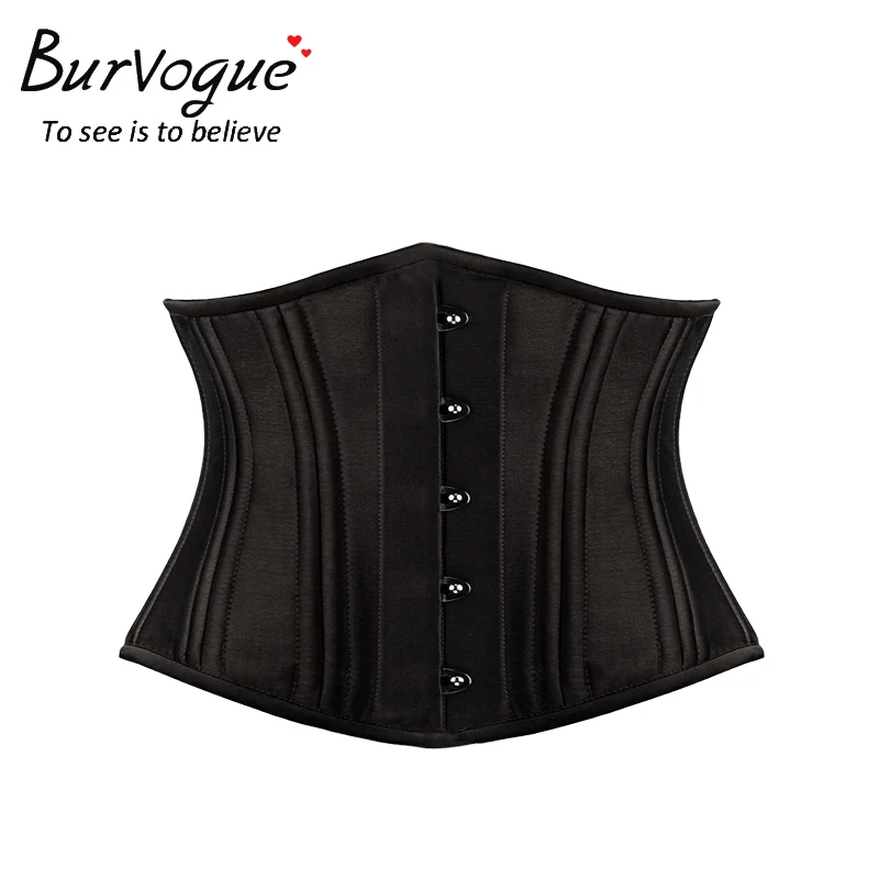 Женский атласный корсет Burvogue для тренировок, черный корсет для талии, сексуальный корсет 22 стальных костей, Короткие Корсеты под грудью
