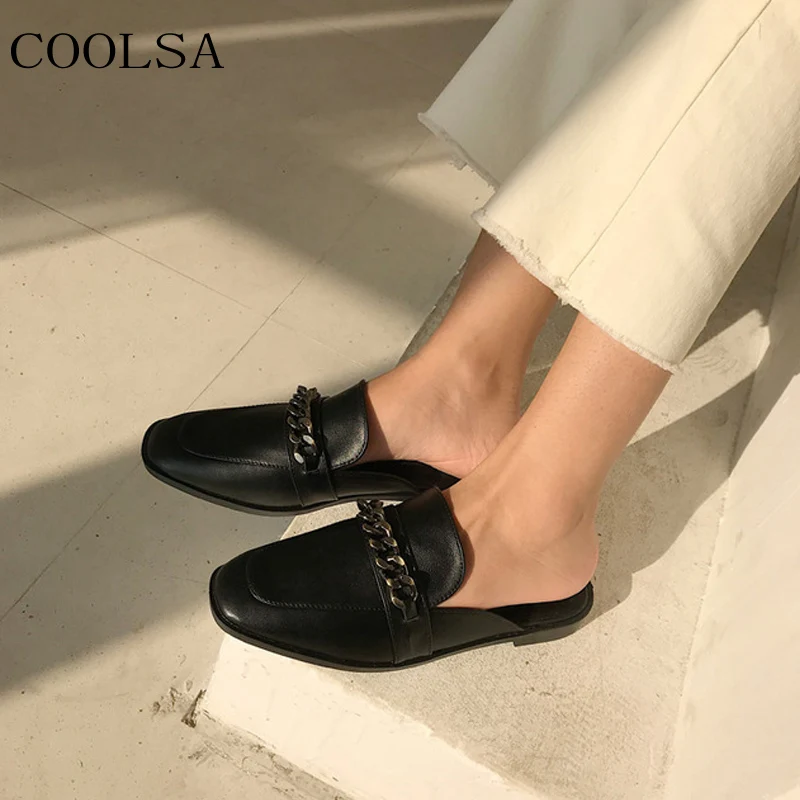 Мюли женские на цепочке кожаные сандалии низком каблуке шлепанцы с закрытым