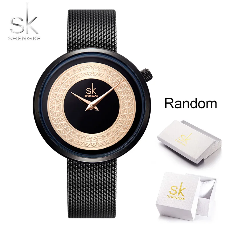 black with box Shengke новое платье женские часы для женщин металлическая сетка модные классические женские часы люксовый бренд Relogio Feminino - Цвет: black with box