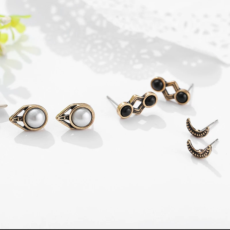Big Sale Personality Vintage Pearl Arrow Statement Earrings Resin Crystal Moon Triangel Shape Stud For Women 6 Pair/Set | Украшения и