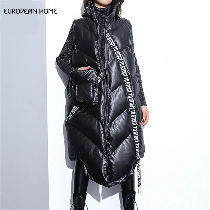 New Warm Cotton Winter Vest Women Sleeveless Jacket Letter Bright Long Vest Loose Cotton Plus Size Clothes Waistcoat Women LQ485
