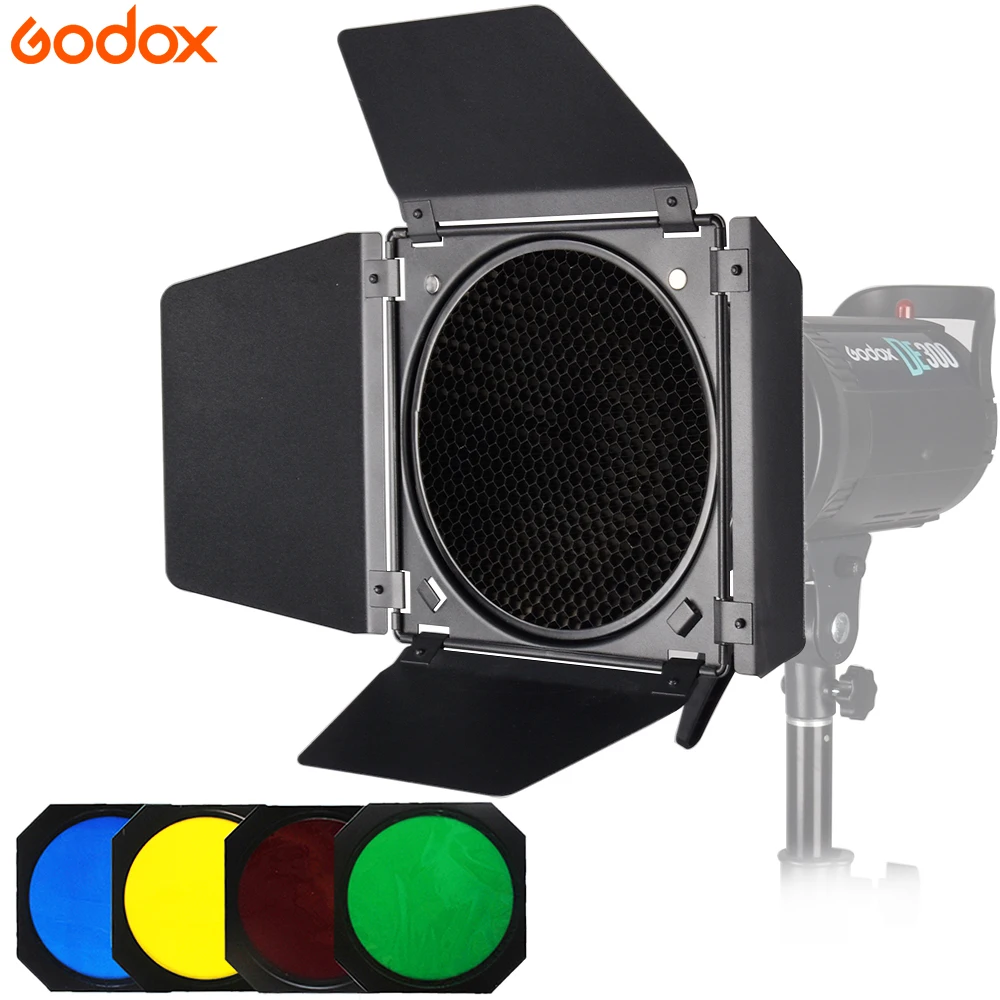 

Godox BD-04 Barn Door+Honeycomb Grid + 4 Color Filter For Bowen Mount Standard Reflector Photography Studio Flash Accessories
