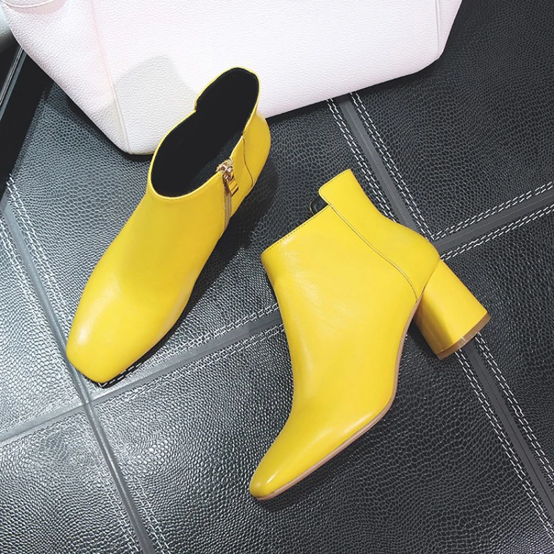 

Spring Autumn Winter Women Shoes Ankle Chelsea Short Boots Genuine Leather Square Heels Fashion Square Toe Zip Short Plush Solid