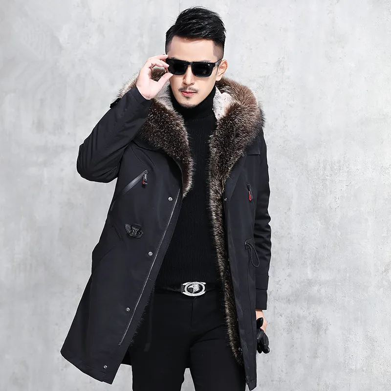 cotton sleeves Новинка, зимнее Мужское пальто с мехом енота, мех кролика, с капюшоном, Длинная зимняя мужская куртка - Цвет: cotton sleeves