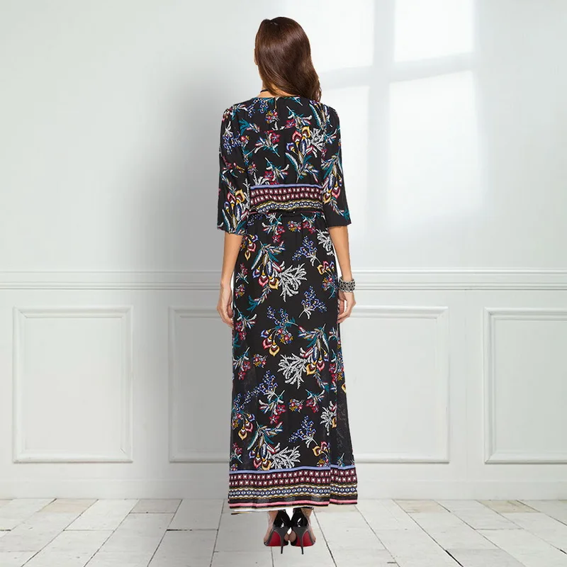 Платье-Макси женское длинное с цветочным принтом V-образным вырезом | Женская