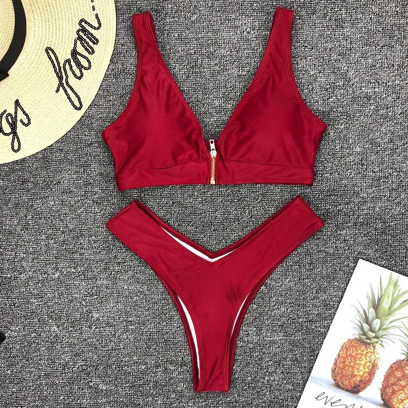 Sexy Solid White Black Bikini Zipper Push Up Swimsuit Swimwear Women Push-up Bikinis Set Brazilian Thong Swim Bathing Suit