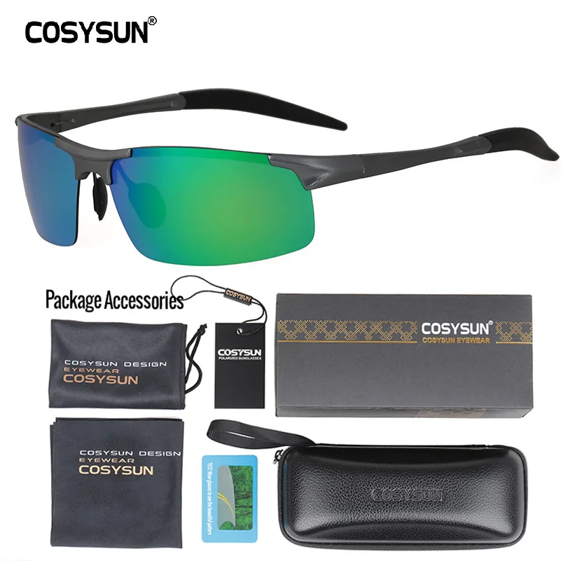 BlackGreen LuxuryPKG COSYSUN мужские поляризованные солнцезащитные очки из алюминиевого сплава, мужские солнцезащитные очки с зеркальными линзами, поляризованные солнцезащитные очки для вождения, мужские солнцезащитные очки, 6 цветов - Цвет линз: BlackGreen LuxuryPKG
