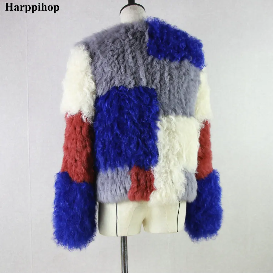 HARPPIHOP * Design кроличья меховая монгольская овчина комбинированная вязаная зимняя
