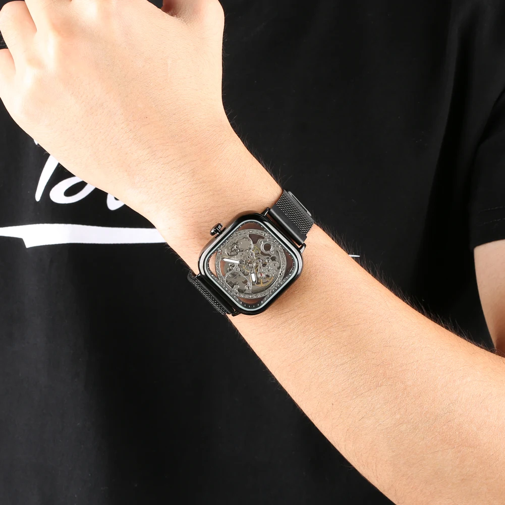 Роскошные механические часы с сетчатым ремешком автоматические индивидуальным