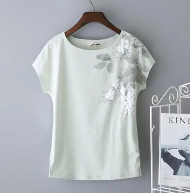 light green Женские футболки из хлопка, новые летние футболки свободного силуэта с короткими рукавами с цветочным принтом, Элегантные повседневные топы для девушек, большие размеры, топы J240 - Цвет: light green