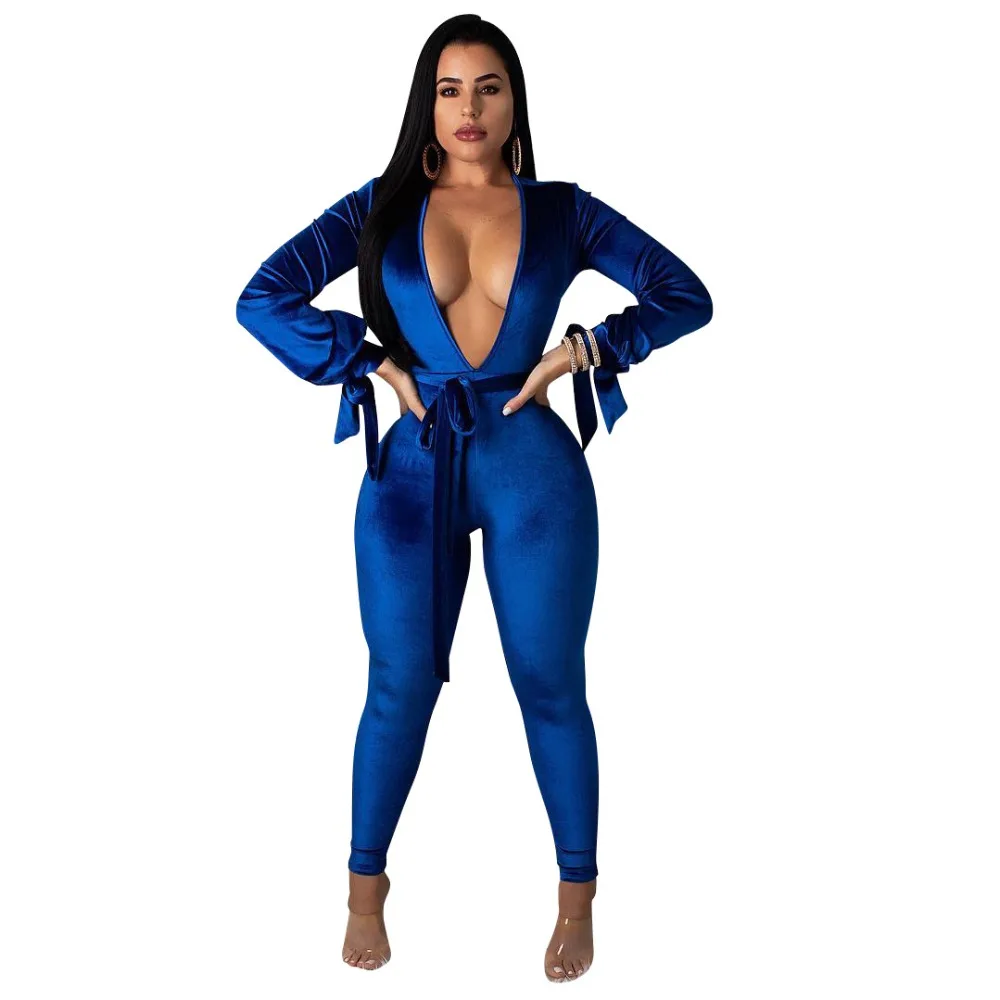 

Deep V Neck Full Sleeve Waist Corset Women One Piece Jumpsuits Women Blue Bodysuits