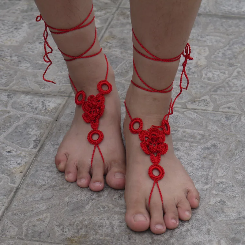 Шелковые крючком Босиком Сандалии для девочек ню обувь ноги Пляж Свадебные
