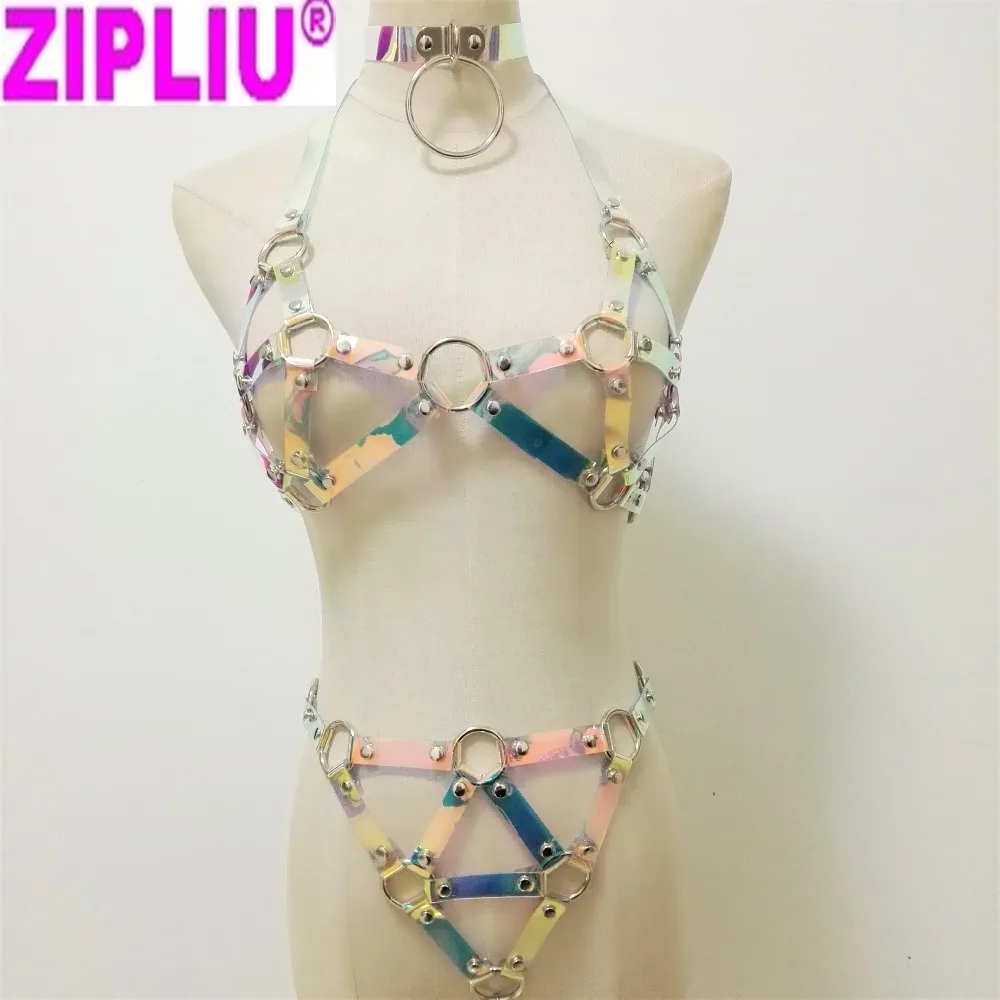 Модный сексуальный комплект Harajuku HandmadeLaser голографическая портупея с чокером