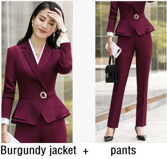 Burgundyjacket pants Женские костюмы, приталенная весенняя куртка с оборками и длинными рукавами, штаны, комплект из 2 предметов, OL, Деловые женские брючные костюмы, женский комплект, костюмы 1882 - Цвет: Burgundyjacket pants
