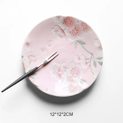 pink Высокое качество сделано в Японии столовые приборы для дома посуда керамические тарелки подглазурная краска цветочный Сакура печатная кругая тарелка для торта - Цвет: pink