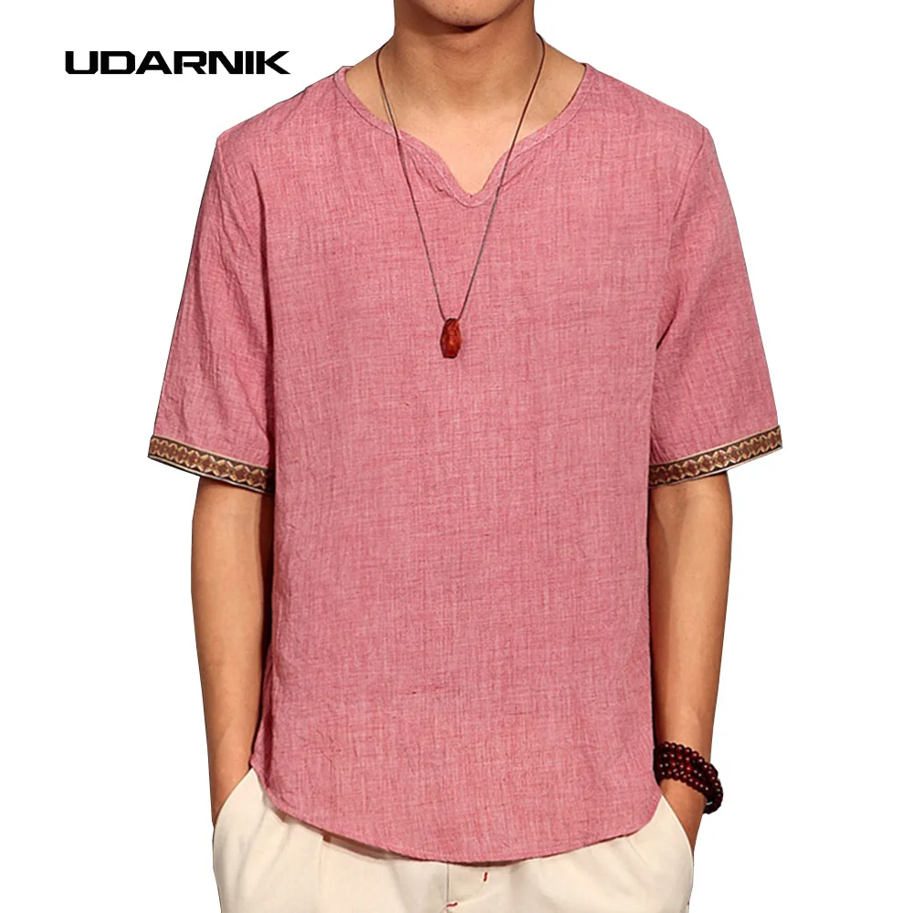 

New Mens China Traditional Cotton Linen Shirts Casual T-shirts Short Sleeve Tops Chinese Clothing Vintage Fashion Red 201-417