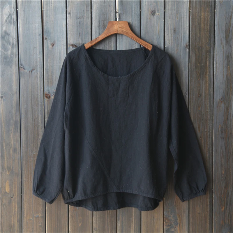 Johnature Women T-Shirts Long Sleeve Cotton Linen Tops Casual 2021 Autumn New O-Neck Loose Brief Puff Fashion | Женская одежда
