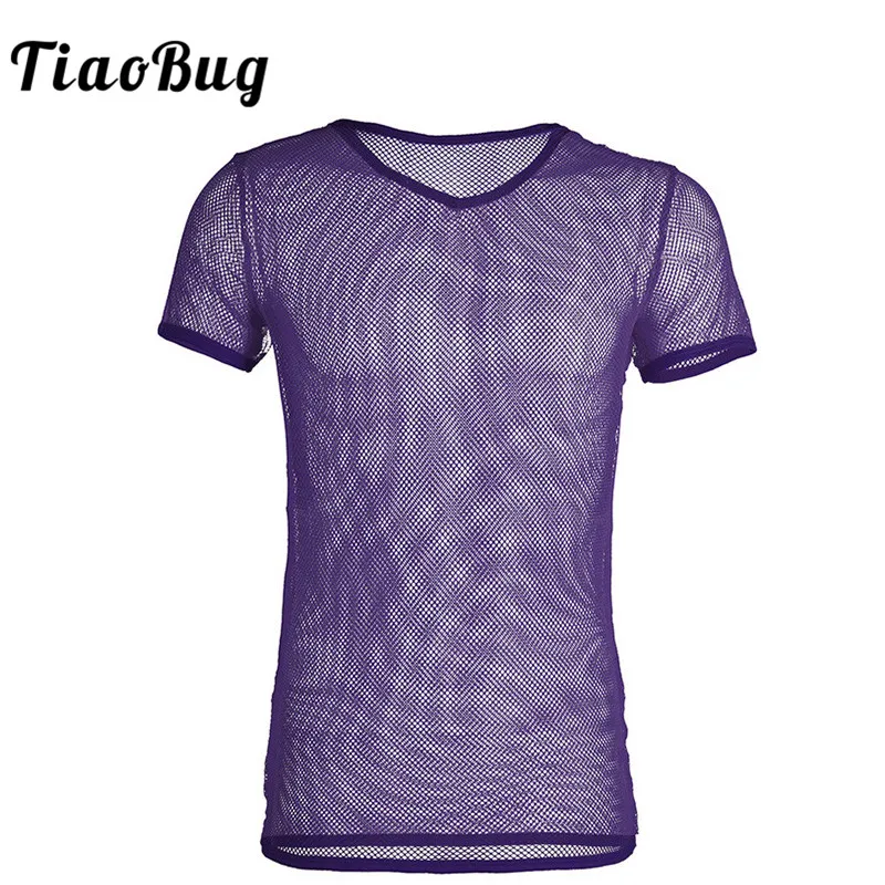 TiaoBug Men Openwork Transparent Mesh Fishnet T Shirts Sport Breathable Muscle T-shirt Tee Top Hot Sexy Gay Male Club Wear Punk