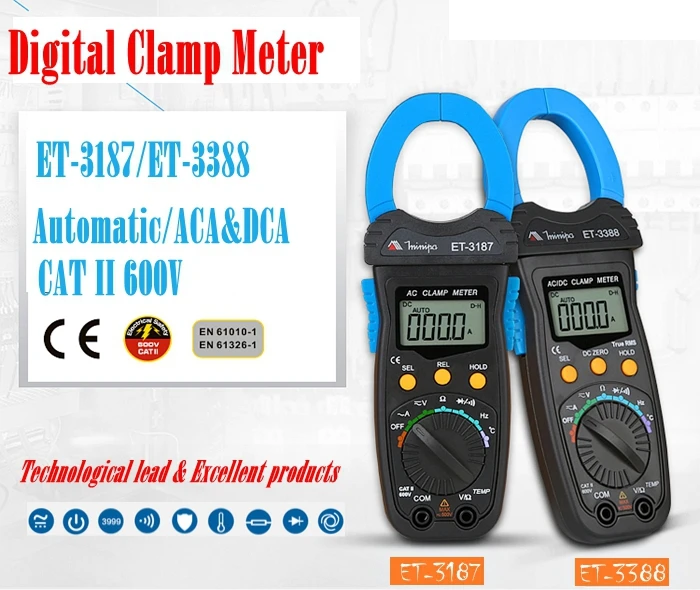 Цифровой мультиметр-зажим MINIPA ET-3187/ET-3388, мультиметр, клещи ACA/DCA 1000A