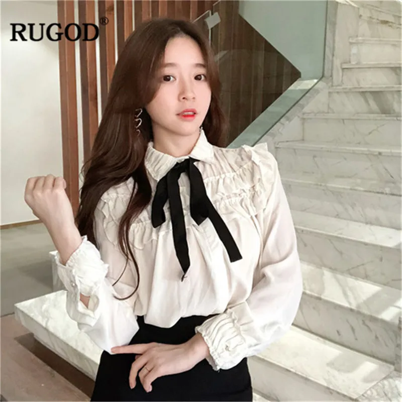 RUGOD/Женские топы и блузки, Модный милый галстук-бабочка, рубашка с длинными рукавами, весна, элегантная белая блузка Одежда с рюшами, feminina