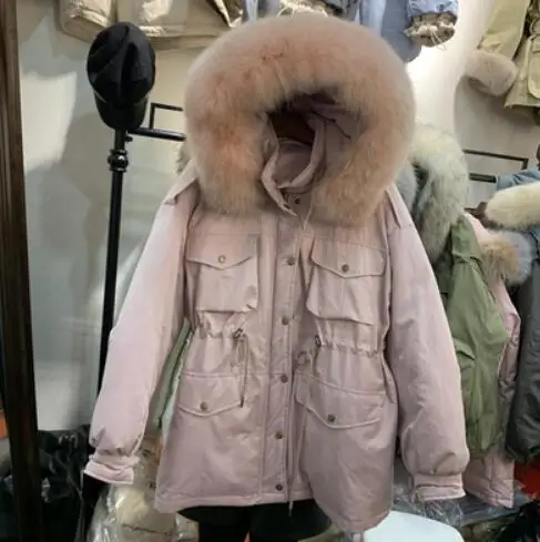 pink fur Пуховик на утином пуху зимняя куртка женские пуховики Утепленные Пальто женские с капюшоном из натурального меха енота однотонные куртки - Цвет: pink fur