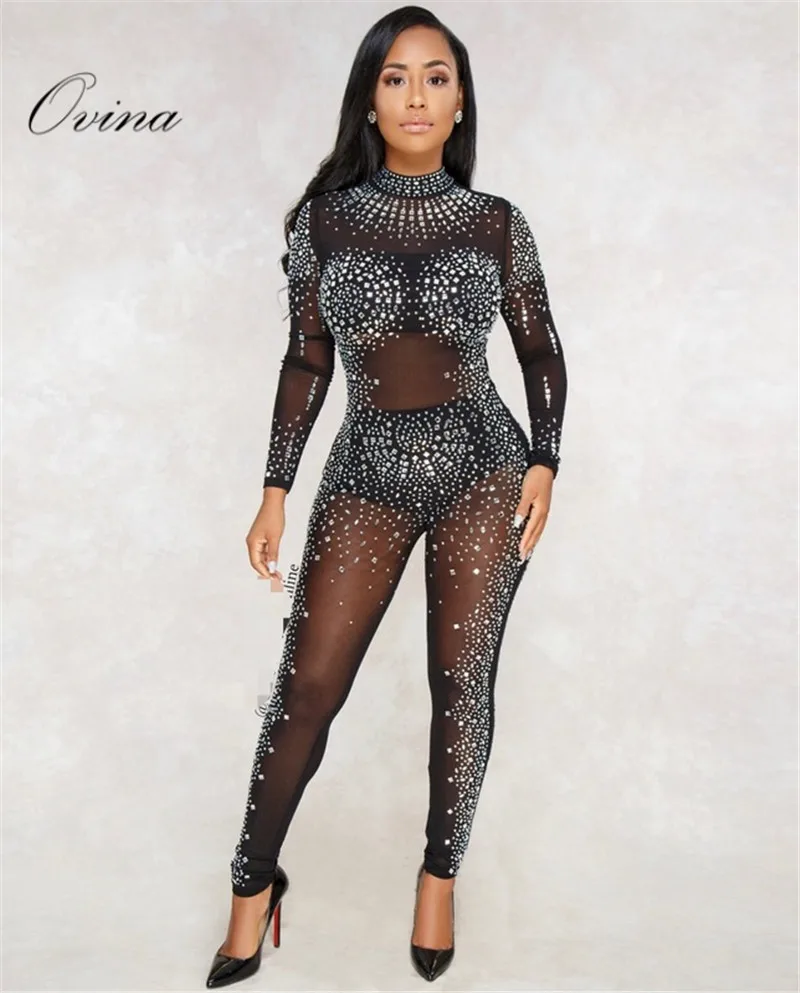 

Black Perspective Rompers Womens Jumpsuit Beading Long Sleeve Fashion Jumpsuit