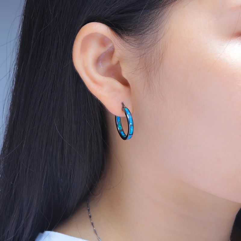 CiNily Created Blue Fire Opal Black Gold Color Wholesale Hot Sell for Women Fashion Jewelry Hoop Earrings 1 1/8&quot OH3726 | Украшения и