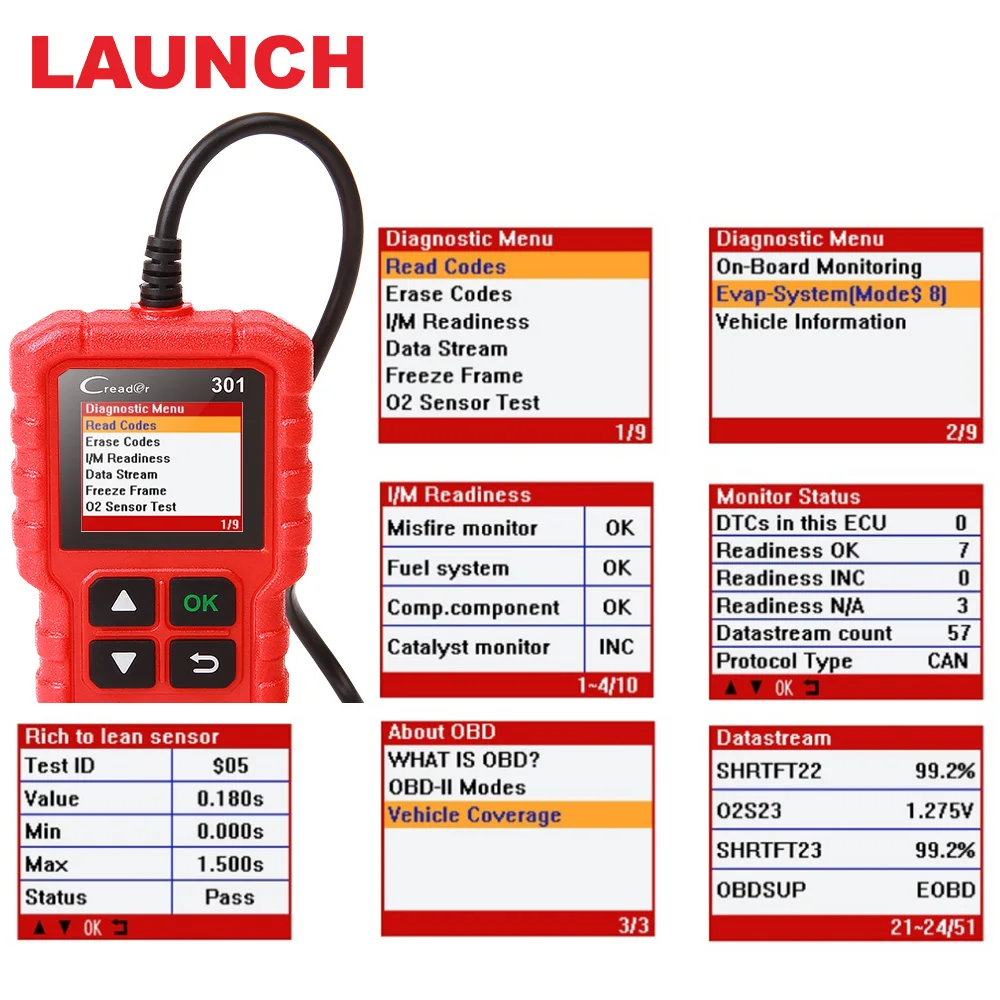 LAUNCH X431 считыватель кодов Creader 301 полный OBDII/EOBD автоматический диагностический