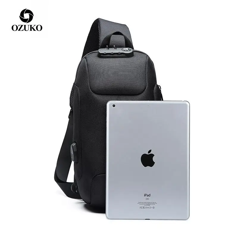 Ozuko new chest bag USB burglar men's Korean version leisure one-shoulder waterproof Oxford cloth password |